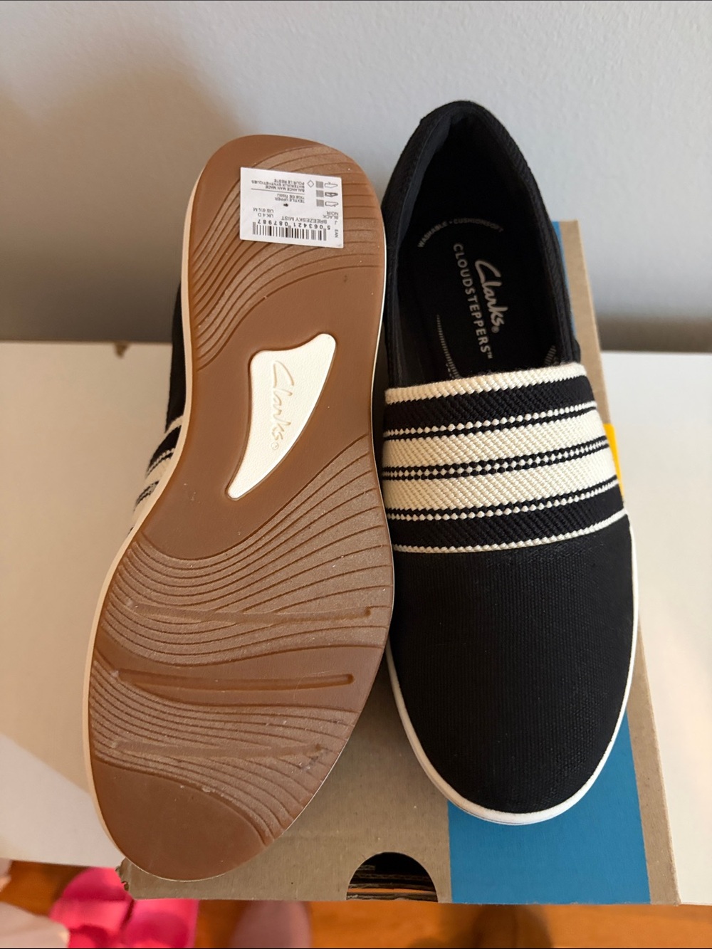 Clarks Black Slip-On Canvas Loafers with Cream Stripes image 4